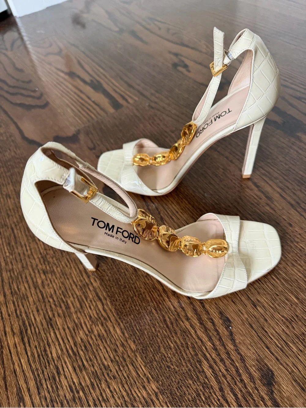Tom Ford Ivory Croc-Embossed T-Strap Sandals with Gold Chain Links